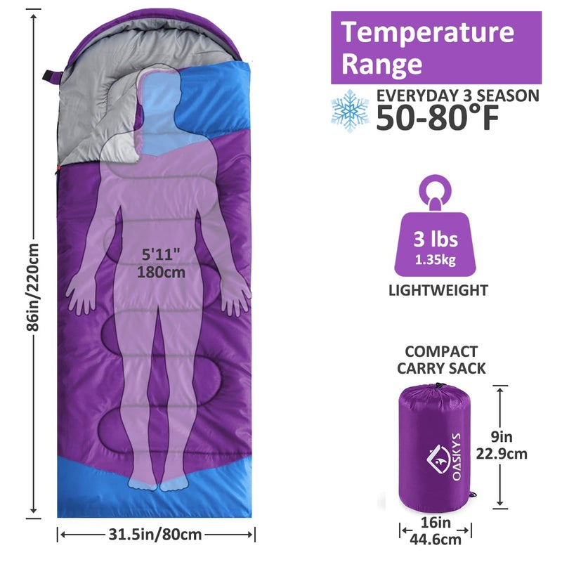 oaskys Camping Sleeping Bag - 3 Season Warm & Cool Weather - Summer Spring Fall Lightweight Waterproof for Adults Kids - Camping Gear Equipment, Traveling, and Outdoors - Image 2